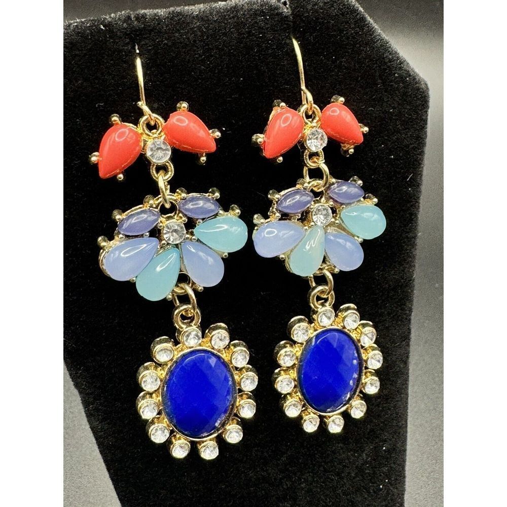 Gold Tone Multicolor Acrylic Rhinestone Chandelier Style Dangle Earrings - Picture 6 of 6